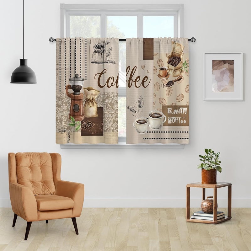 Aimego Coffee Vintage Kitchen Curtains - Restaurant Cafe Beans Theme Rustic Short Farmhouse Tier Curtains Decor for Living Room Rod Pocket Window Drapes 36 Inch Length 2 Panels Set 28"x36" - Image 2